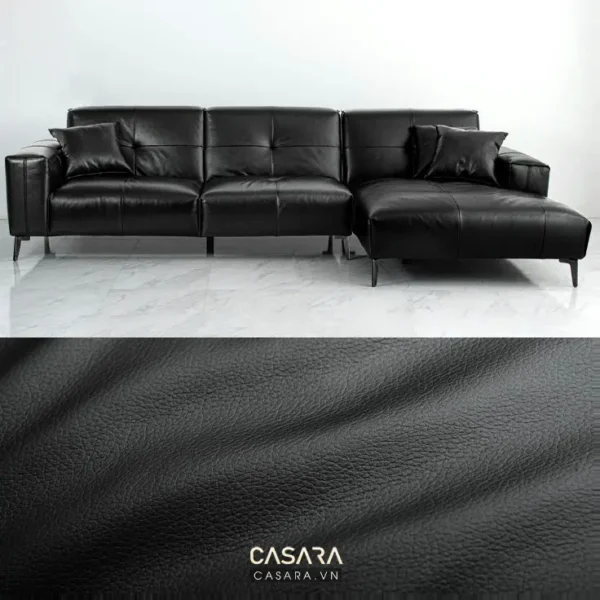 Bộ sofa da góc đen hiện đại, sang trọng cho không gian phòng khách.