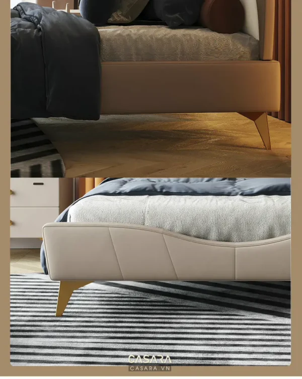 Giường ngủ gỗ đơn giản, tinh tế với tông màu trung tính ấm áp.