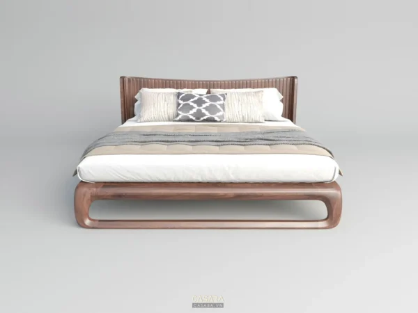 Giường ngủ gỗ tự nhiên, thiết kế tối giản hiện đại, ấm cúng.