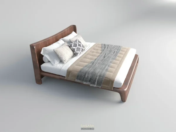 Giường ngủ gỗ đơn giản, sang trọng với chăn ga gối đệm ấm cúng.