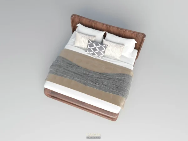 Giường ngủ gỗ ấm cúng với chăn ga gối đệm trang nhã, hiện đại.