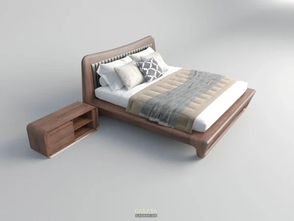 Giường gỗ hiện đại với tủ đầu giường, tạo không gian nghỉ ngơi ấm cúng.