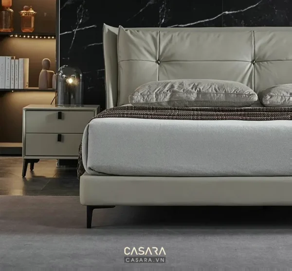 Giường ngủ hiện đại, sang trọng với gam màu trung tính ấm áp.