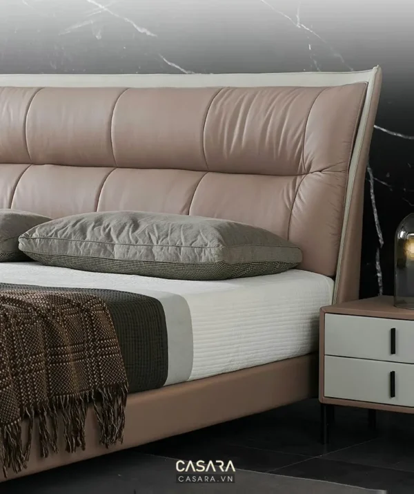 Giường ngủ hiện đại, sang trọng với gam màu trung tính ấm áp.