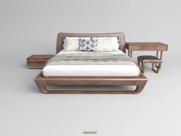 Bộ giường ngủ gỗ tự nhiên hiện đại, sang trọng và ấm cúng.