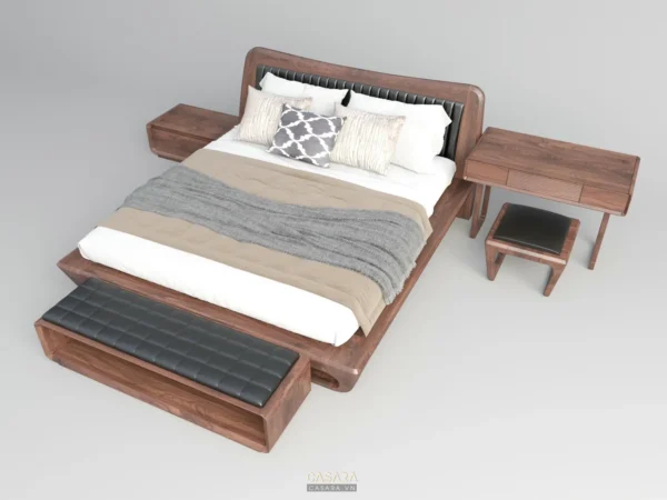 Giường ngủ gỗ hiện đại, thiết kế tối giản, sang trọng.