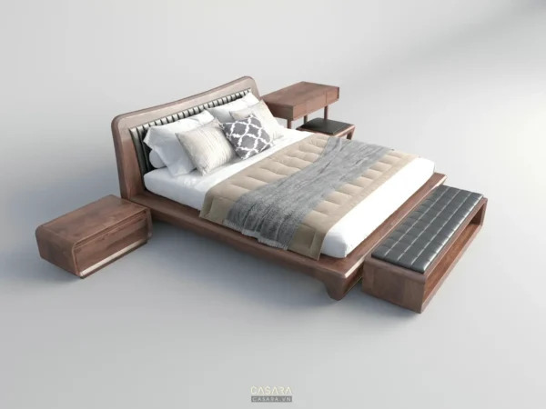 Giường ngủ gỗ hiện đại, thiết kế tối giản, sang trọng.