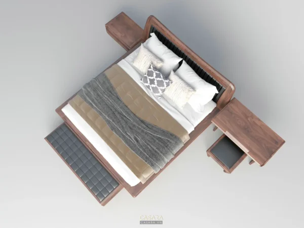 Giường ngủ gỗ ấm cúng với chăn ga gối đệm hài hòa, sang trọng.