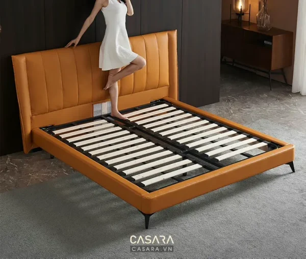 Giường da màu cam hiện đại, thiết kế tối giản, sang trọng.