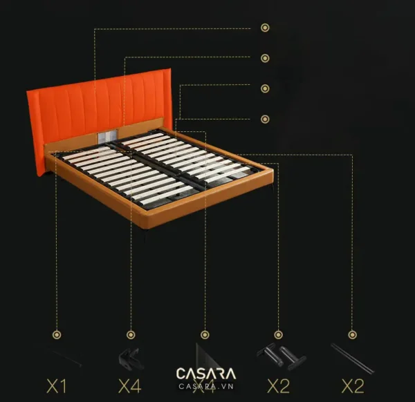 Giường ngủ màu cam hiện đại, có sơ đồ lắp ráp chi tiết.