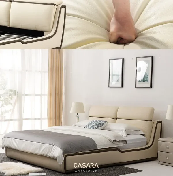 Giường ngủ hiện đại, sang trọng với thiết kế đầu giường độc đáo.