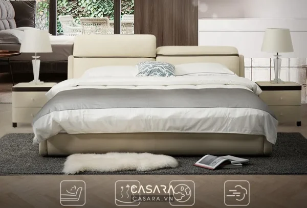Giường ngủ hiện đại, sang trọng với thiết kế tối giản, màu sắc trung tính.