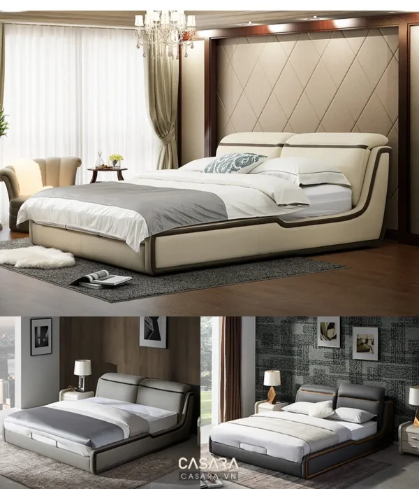 Phòng ngủ sang trọng với giường và ghế sofa hiện đại, ấm áp.