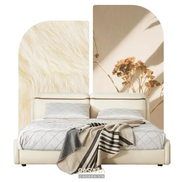 Giường ngủ phong cách hiện đại, tông màu kem ấm áp, êm dịu.