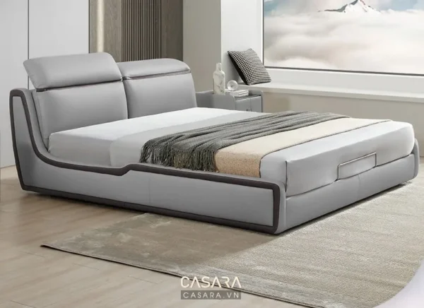 Giường ngủ hiện đại, màu xám sang trọng, thiết kế tinh tế.