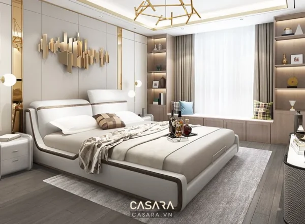 Phòng ngủ hiện đại, sang trọng với giường lớn và nội thất tinh tế.