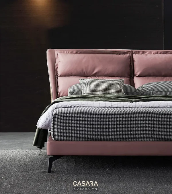 Giường ngủ màu hồng phấn, thiết kế hiện đại, sang trọng.