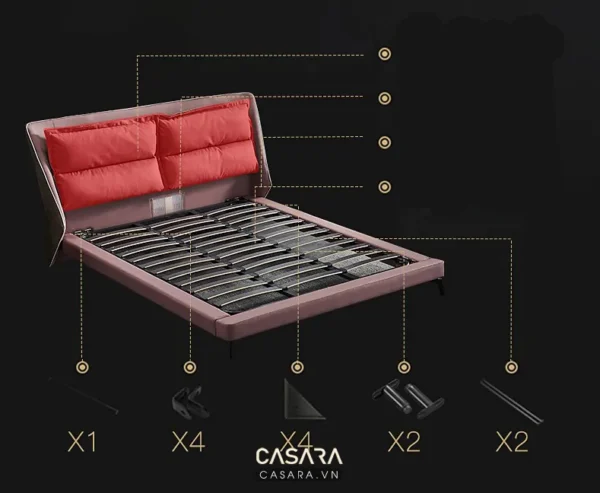 Giường ngủ hiện đại, màu hồng phấn, có tựa đầu êm ái.