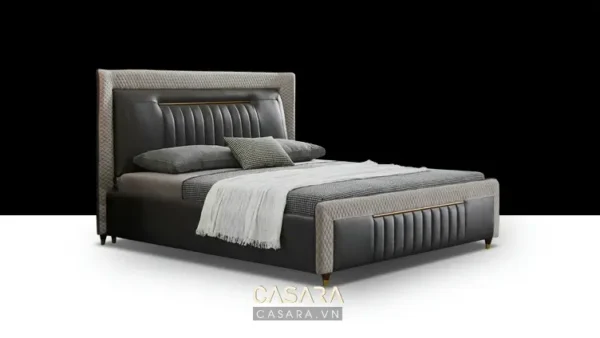 Giường ngủ hiện đại, sang trọng với thiết kế đầu giường cao và màu sắc trung tính.