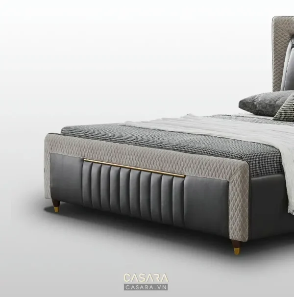 Giường ngủ hiện đại, sang trọng với thiết kế tinh tế, màu xám.
