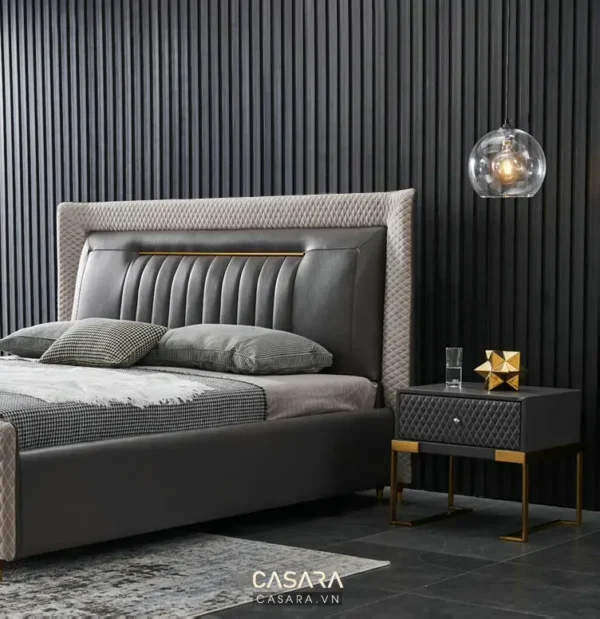 Phòng ngủ sang trọng với giường và tủ đầu giường hiện đại.