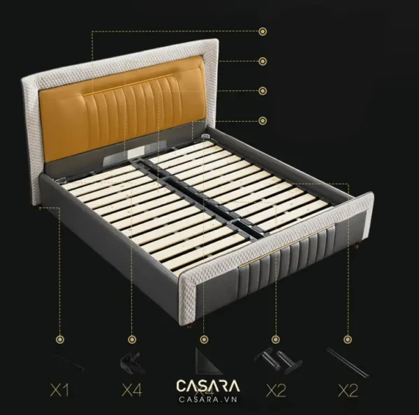 Giường ngủ có ngăn kéo, thiết kế hiện đại, màu vàng kem sang trọng.