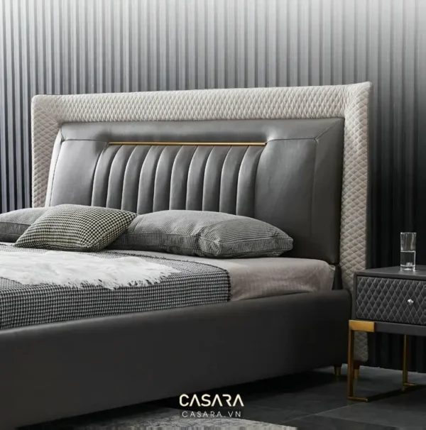 Giường ngủ hiện đại, sang trọng với thiết kế đầu giường độc đáo.