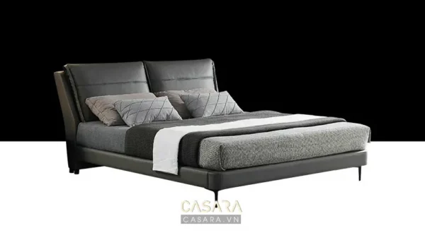 Giường ngủ hiện đại, màu xám sang trọng, thiết kế tối giản.