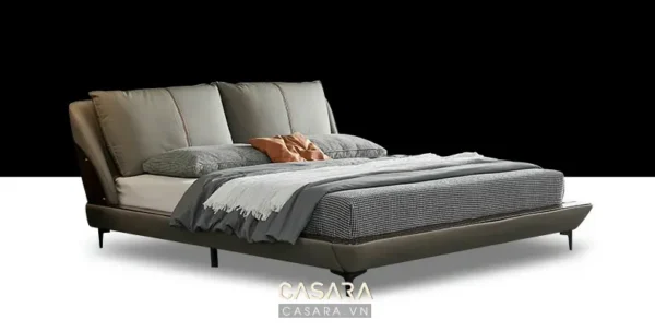 Giường ngủ hiện đại, sang trọng với thiết kế tối giản, màu xám.