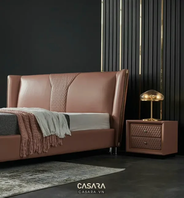 Giường ngủ phong cách hiện đại, sang trọng với tông màu nâu ấm áp.