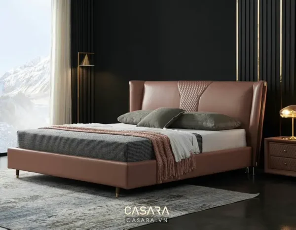 Giường ngủ hiện đại, màu nâu đào sang trọng, ấm cúng.