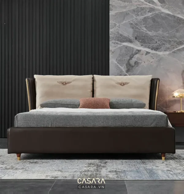 Giường ngủ hiện đại, sang trọng với họa tiết và màu sắc hài hòa.