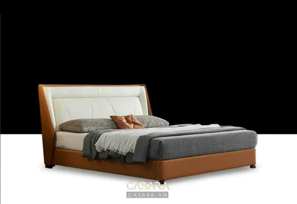 Giường ngủ hiện đại, sang trọng với thiết kế đầu giường độc đáo.