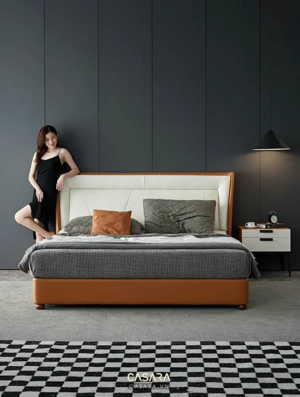 Phòng ngủ hiện đại, sang trọng với giường lớn và sàn nhà độc đáo.