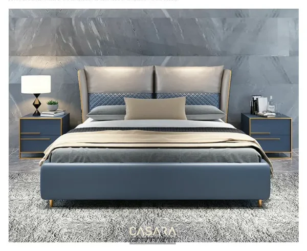 Phòng ngủ sang trọng với giường lớn màu xanh, thiết kế hiện đại.