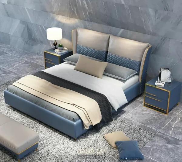 Giường ngủ hiện đại, sang trọng với gam màu xanh dương chủ đạo.