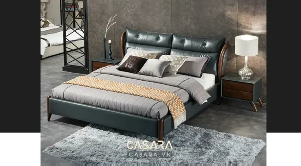 Giường ngủ hiện đại, sang trọng với tông màu tối chủ đạo.