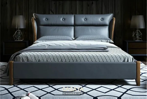 Giường ngủ hiện đại, sang trọng với tông màu xám chủ đạo.