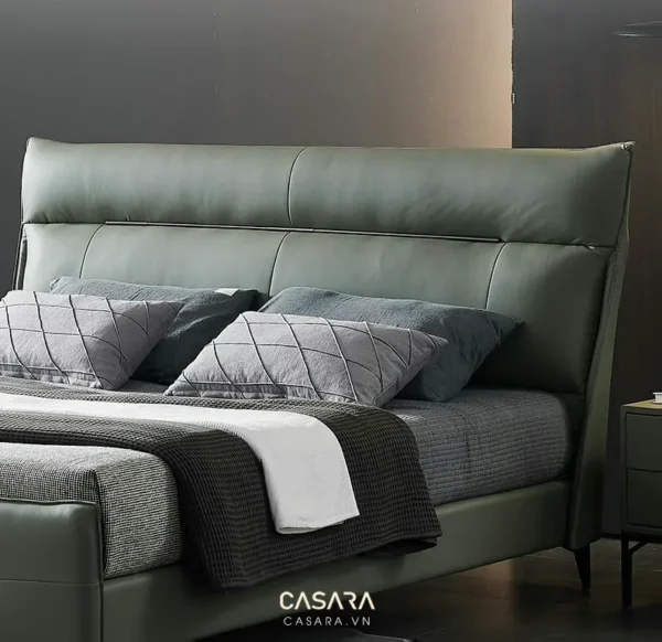 Giường ngủ bọc da xanh rêu hiện đại, sang trọng và tinh tế.