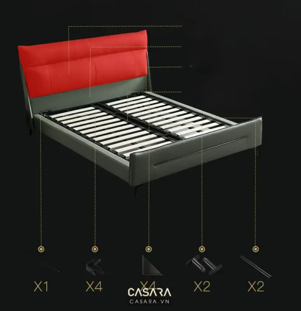 Giường ngủ hiện đại, đầu giường đỏ nổi bật trên nền đen.