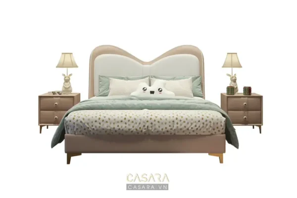 Giường ngủ hiện đại, màu hồng pastel, thiết kế đầu giường độc đáo.