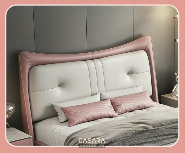 Giường ngủ hiện đại, đầu giường da màu hồng nhạt tinh tế.