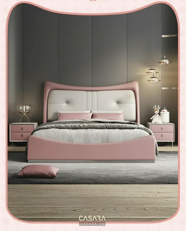 Phòng ngủ sang trọng với giường màu hồng pastel hiện đại.