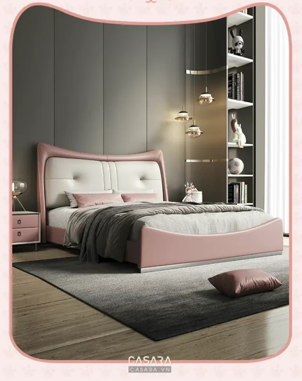 Phòng ngủ hiện đại, ấm cúng với giường màu hồng pastel tinh tế.