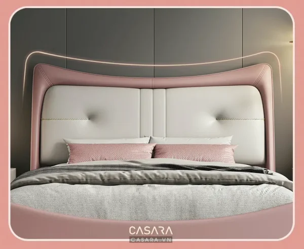 Giường ngủ hiện đại, đầu giường lớn màu hồng nhạt tinh tế.