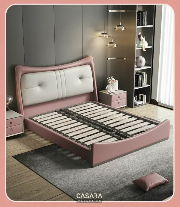 Phòng ngủ hiện đại với giường màu hồng phấn tinh tế.