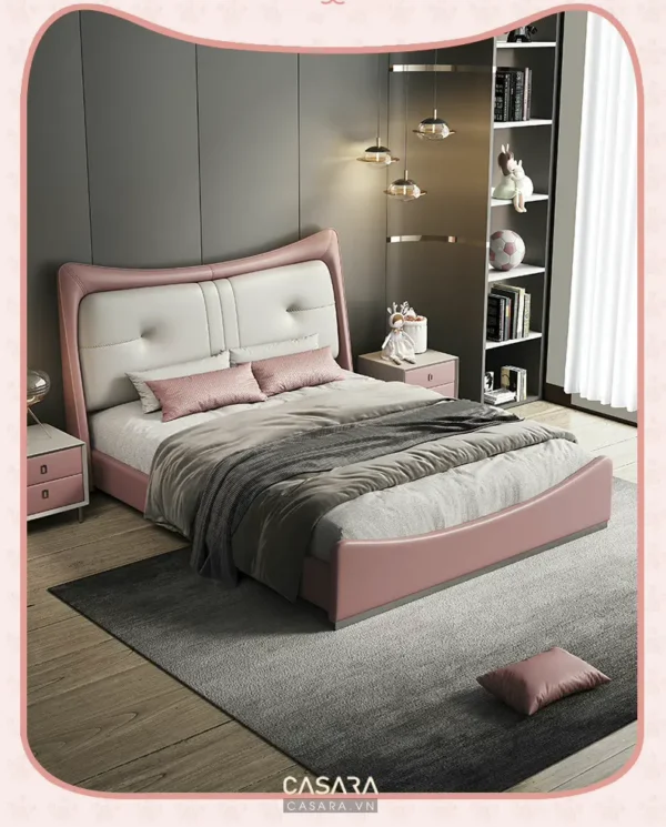 Phòng ngủ hiện đại với giường màu hồng pastel tinh tế, ấm cúng.