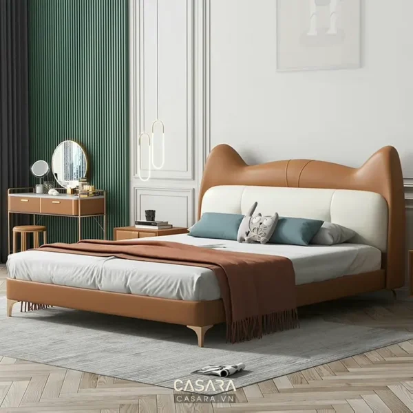 Phòng ngủ hiện đại với giường hình mèo độc đáo, tông màu ấm áp.