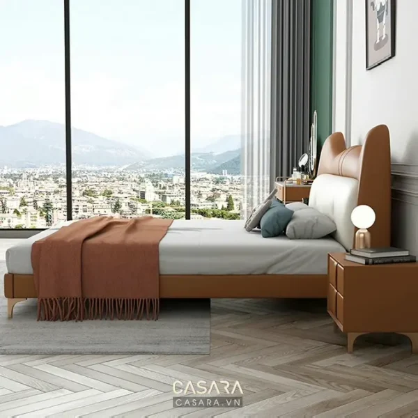 Phòng ngủ hiện đại, sang trọng với tông màu nâu ấm áp, view thành phố.