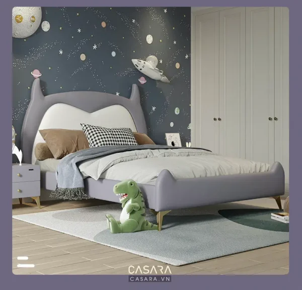 Phòng ngủ trẻ em thiết kế theo chủ đề vũ trụ, màu sắc nhẹ nhàng.